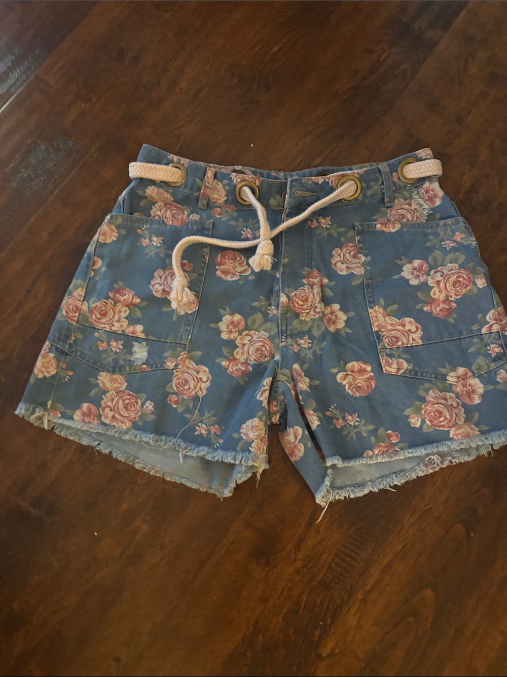 BiBi Blue Floral Rope-Waist Jean Shorts